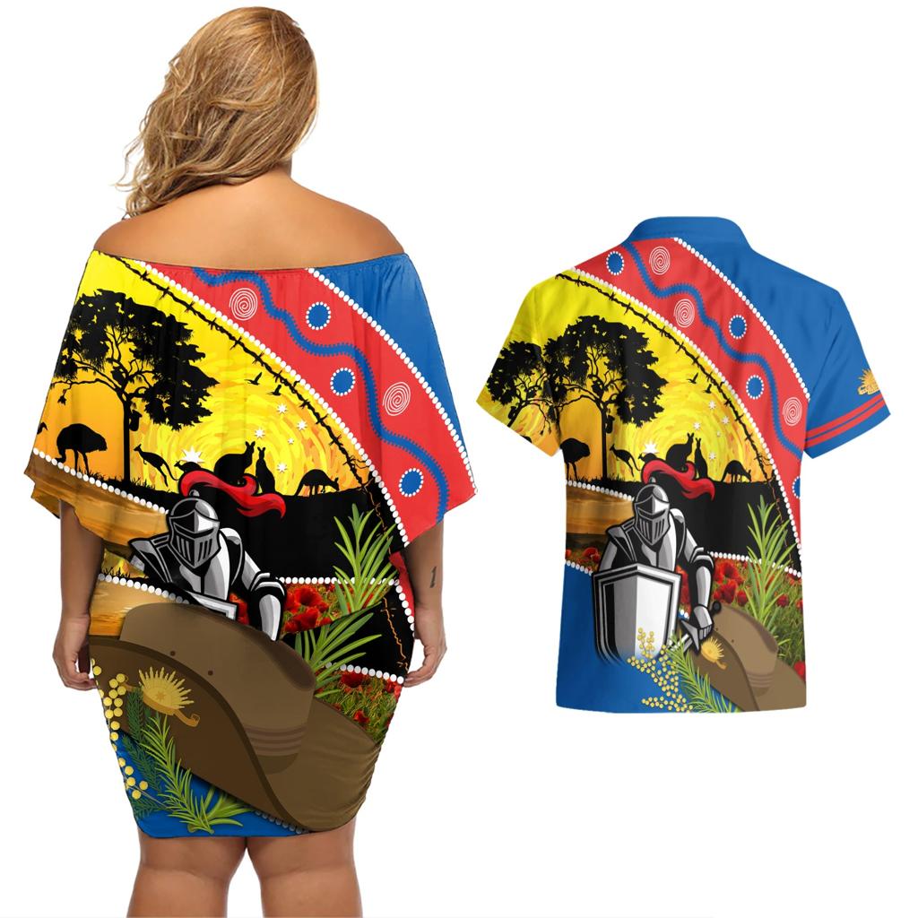 Knights Rugby ANZAC Day Couples Matching Off Shoulder Short Dress and Hawaiian Shirt Novocastrians Mascot Rosemary Starry Night