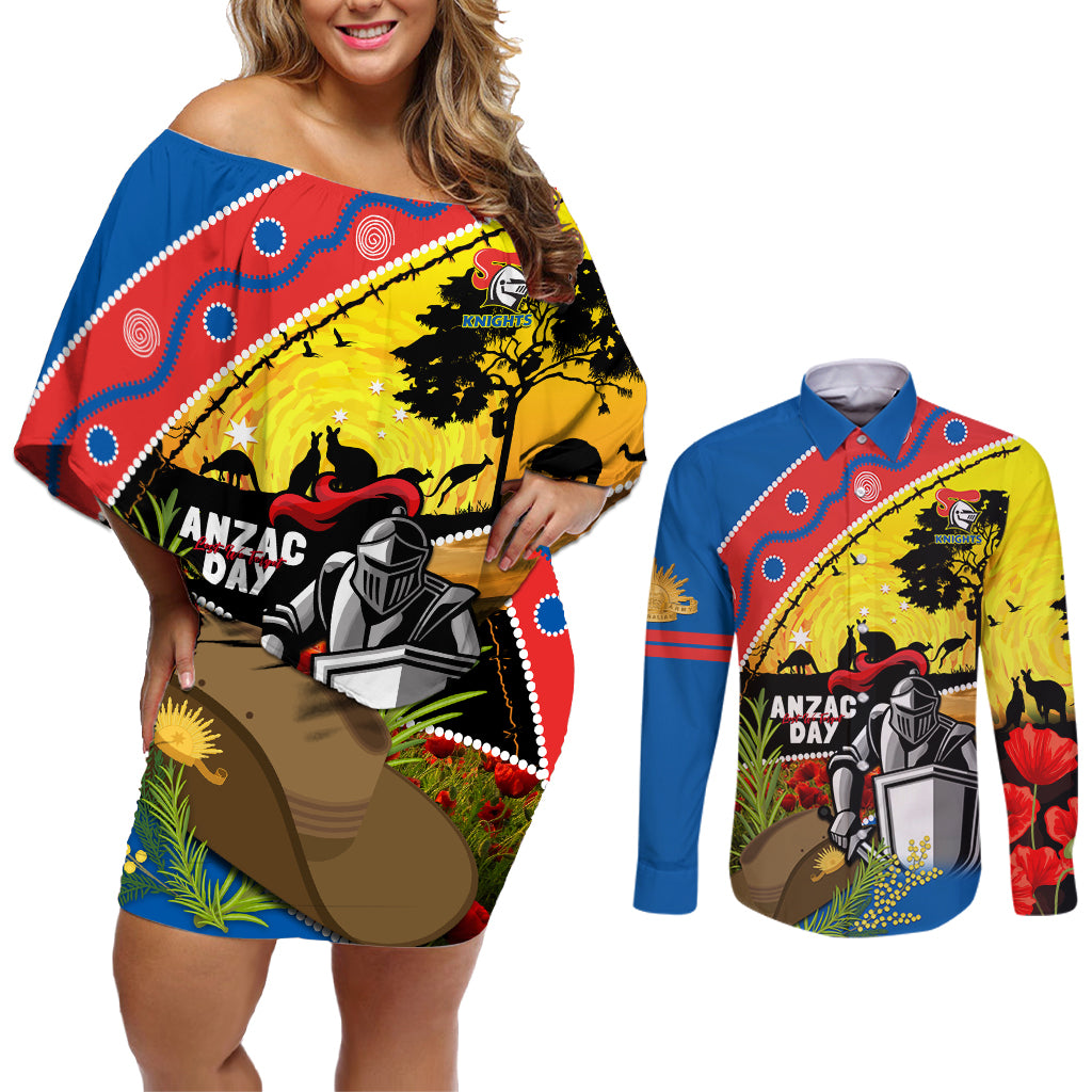 Knights Rugby ANZAC Day Couples Matching Off Shoulder Short Dress and Long Sleeve Button Shirt Novocastrians Mascot Rosemary Starry Night