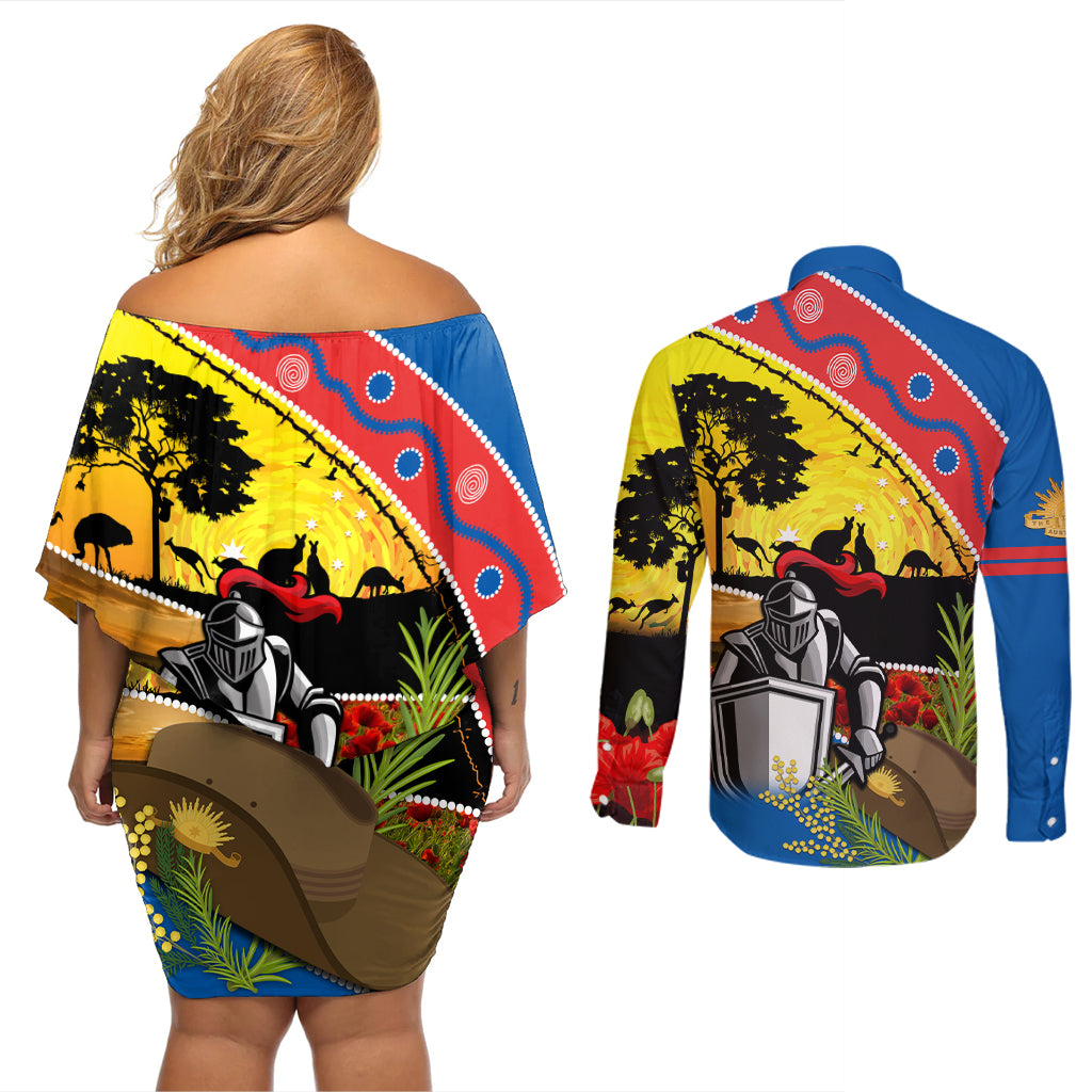 Knights Rugby ANZAC Day Couples Matching Off Shoulder Short Dress and Long Sleeve Button Shirt Novocastrians Mascot Rosemary Starry Night