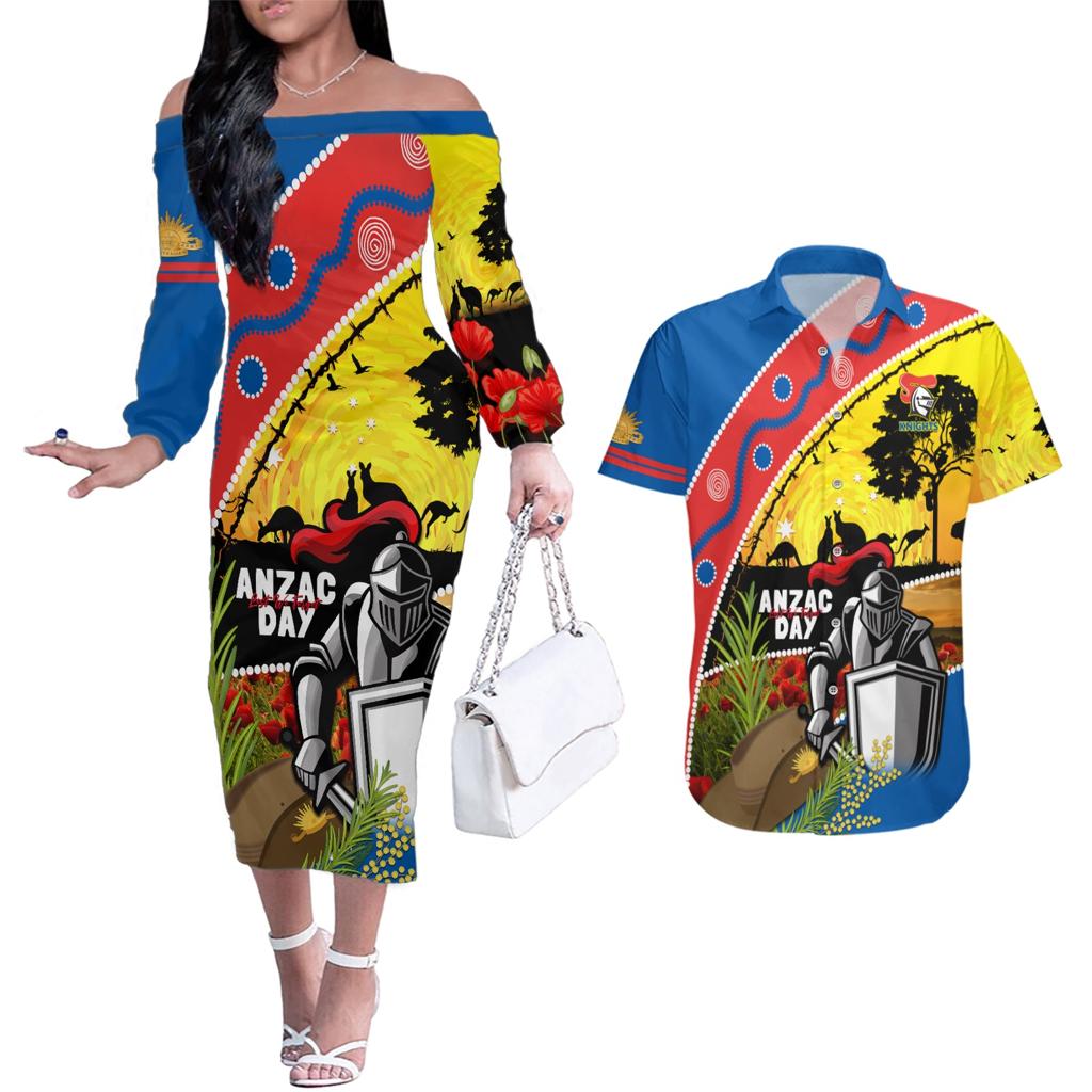 Knights Rugby ANZAC Day Couples Matching Off The Shoulder Long Sleeve Dress and Hawaiian Shirt Novocastrians Mascot Rosemary Starry Night