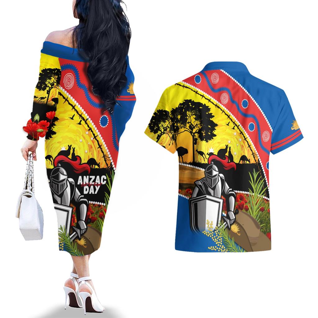 Knights Rugby ANZAC Day Couples Matching Off The Shoulder Long Sleeve Dress and Hawaiian Shirt Novocastrians Mascot Rosemary Starry Night