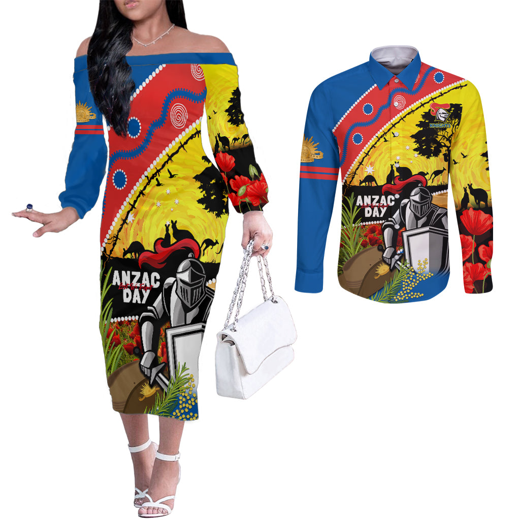 Knights Rugby ANZAC Day Couples Matching Off The Shoulder Long Sleeve Dress and Long Sleeve Button Shirt Novocastrians Mascot Rosemary Starry Night