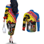 Knights Rugby ANZAC Day Couples Matching Off The Shoulder Long Sleeve Dress and Long Sleeve Button Shirt Novocastrians Mascot Rosemary Starry Night