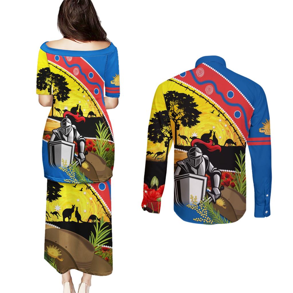 Knights Rugby ANZAC Day Couples Matching Puletasi and Long Sleeve Button Shirt Novocastrians Mascot Rosemary Starry Night