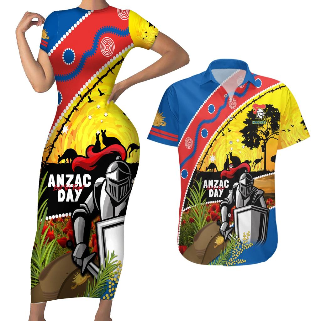 Knights Rugby ANZAC Day Couples Matching Short Sleeve Bodycon Dress and Hawaiian Shirt Novocastrians Mascot Rosemary Starry Night