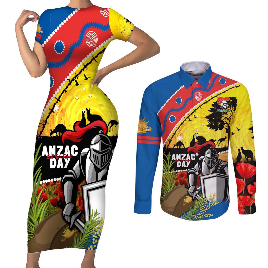 Knights Rugby ANZAC Day Couples Matching Short Sleeve Bodycon Dress and Long Sleeve Button Shirt Novocastrians Mascot Rosemary Starry Night