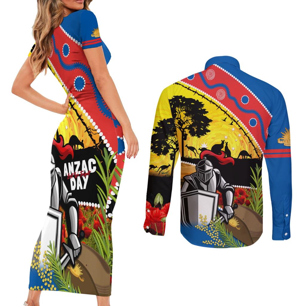 Knights Rugby ANZAC Day Couples Matching Short Sleeve Bodycon Dress and Long Sleeve Button Shirt Novocastrians Mascot Rosemary Starry Night
