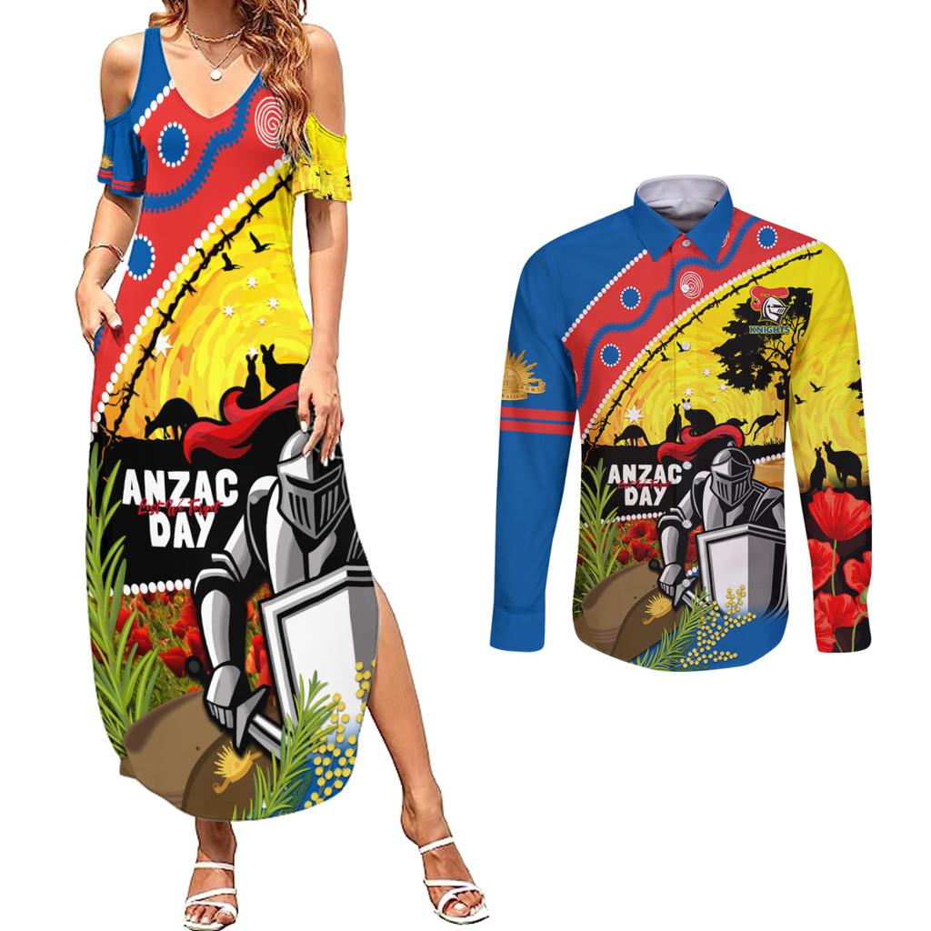 Knights Rugby ANZAC Day Couples Matching Summer Maxi Dress and Long Sleeve Button Shirt Novocastrians Mascot Rosemary Starry Night