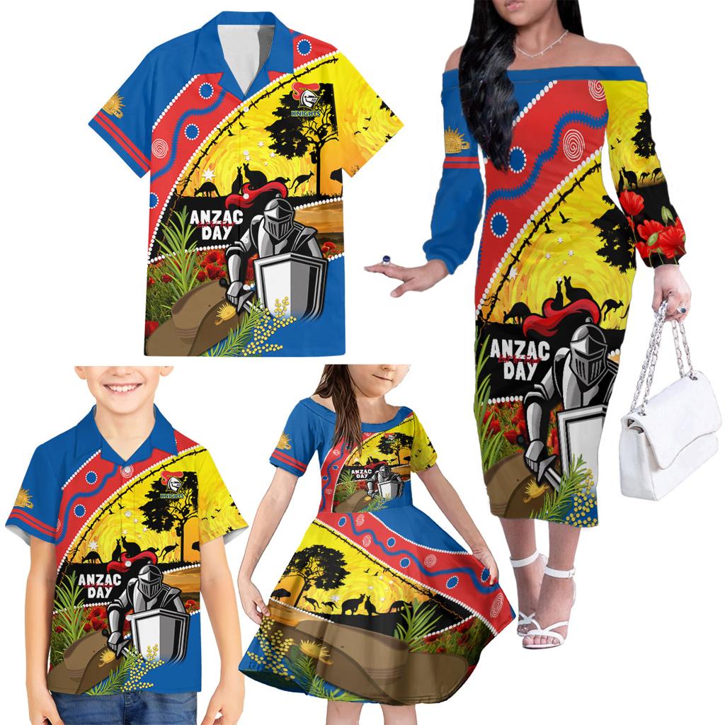 Knights Rugby ANZAC Day Family Matching Off Shoulder Long Sleeve Dress and Hawaiian Shirt Novocastrians Mascot Rosemary Starry Night