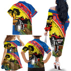 Knights Rugby ANZAC Day Family Matching Off Shoulder Long Sleeve Dress and Hawaiian Shirt Novocastrians Mascot Rosemary Starry Night
