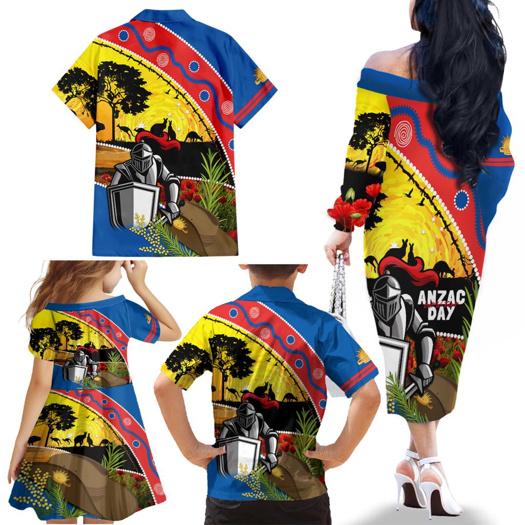Knights Rugby ANZAC Day Family Matching Off Shoulder Long Sleeve Dress and Hawaiian Shirt Novocastrians Mascot Rosemary Starry Night