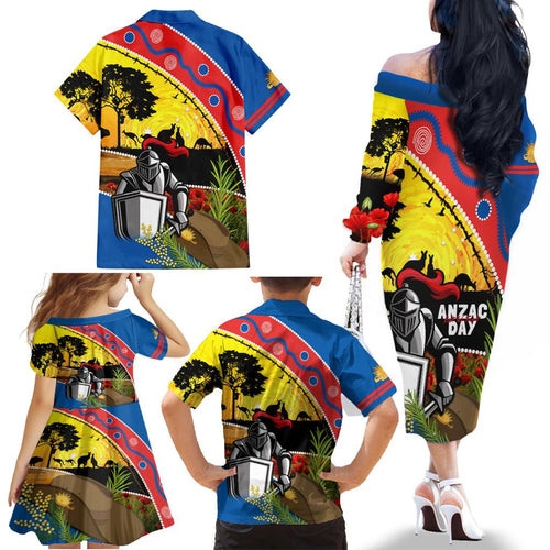 Knights Rugby ANZAC Day Family Matching Off Shoulder Long Sleeve Dress and Hawaiian Shirt Novocastrians Mascot Rosemary Starry Night