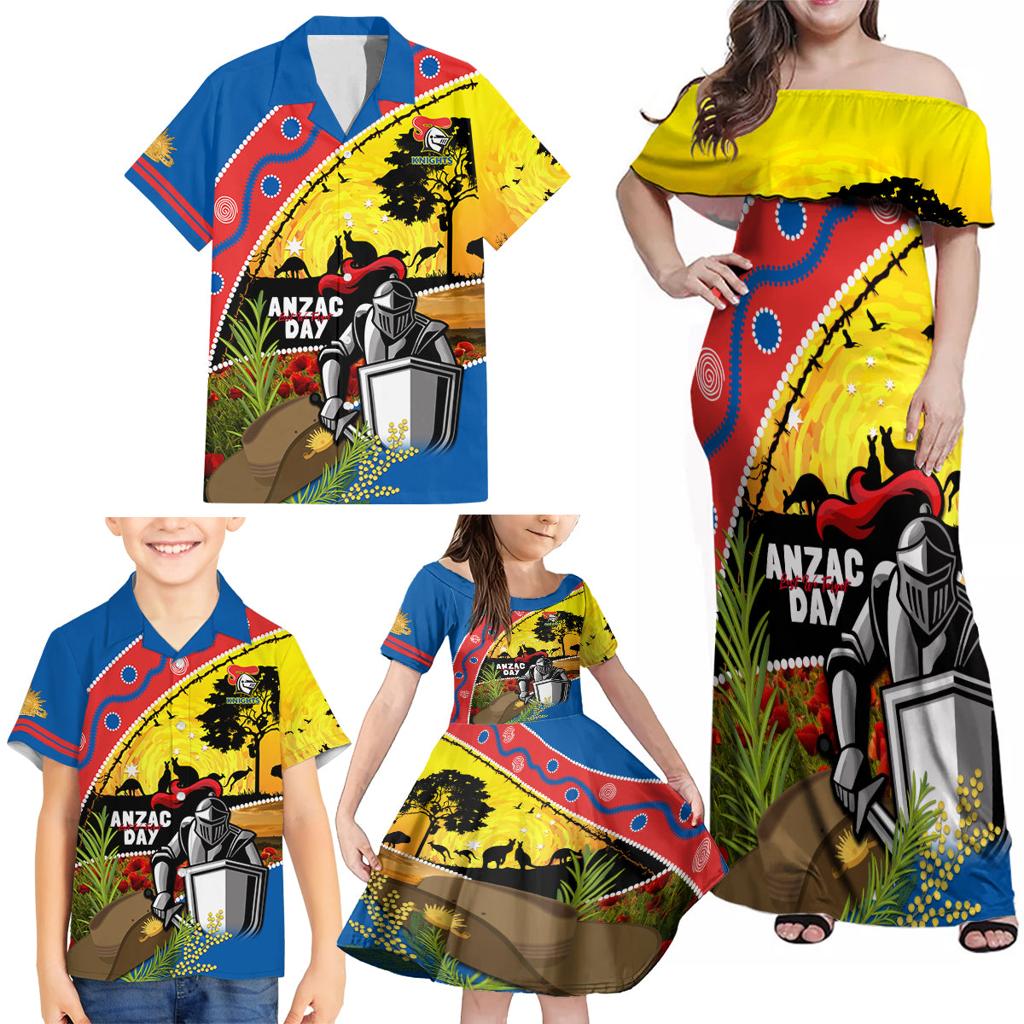 Knights Rugby ANZAC Day Family Matching Off Shoulder Maxi Dress and Hawaiian Shirt Novocastrians Mascot Rosemary Starry Night