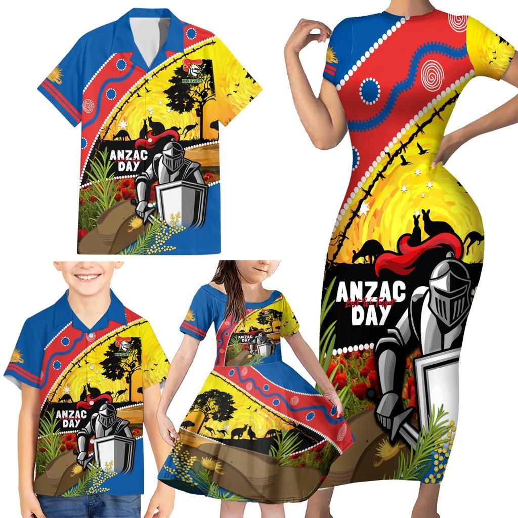 Knights Rugby ANZAC Day Family Matching Short Sleeve Bodycon Dress and Hawaiian Shirt Novocastrians Mascot Rosemary Starry Night