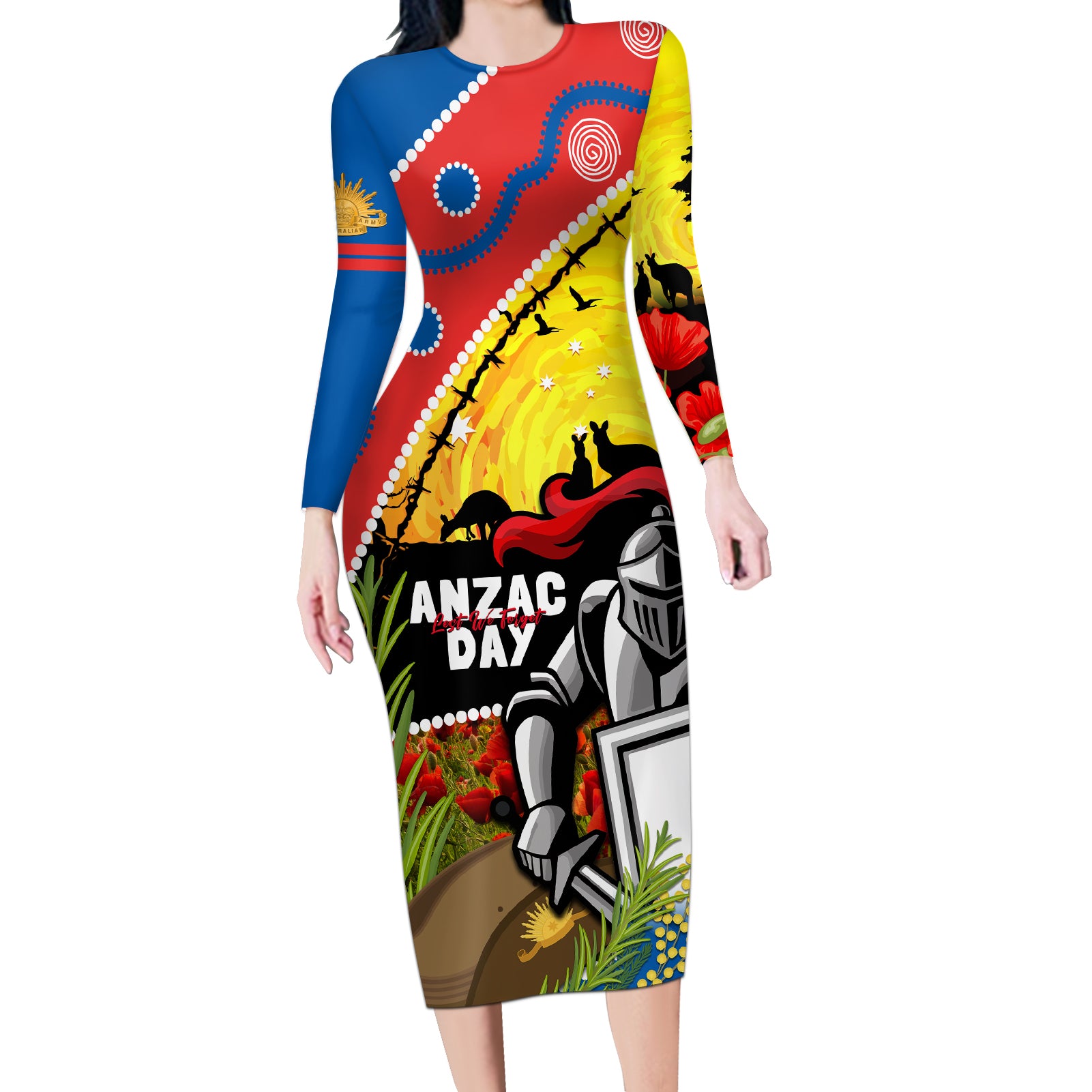 Knights Rugby ANZAC Day Long Sleeve Bodycon Dress Novocastrians Mascot Rosemary Starry Night