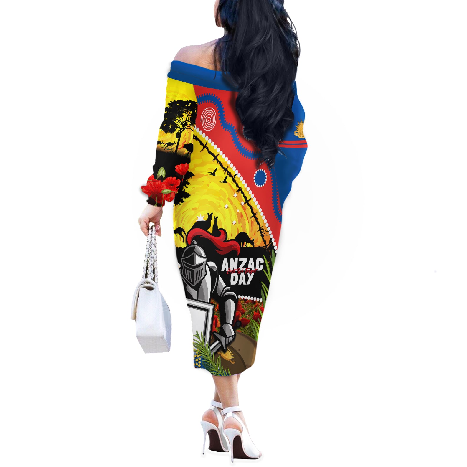 Knights Rugby ANZAC Day Off The Shoulder Long Sleeve Dress Novocastrians Mascot Rosemary Starry Night