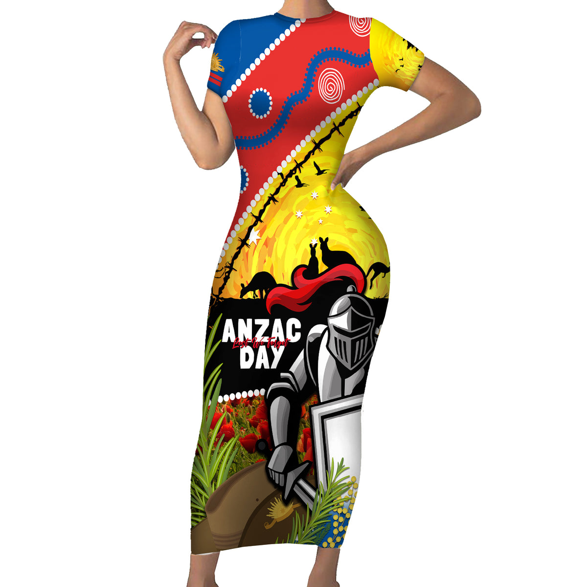 Knights Rugby ANZAC Day Short Sleeve Bodycon Dress Novocastrians Mascot Rosemary Starry Night