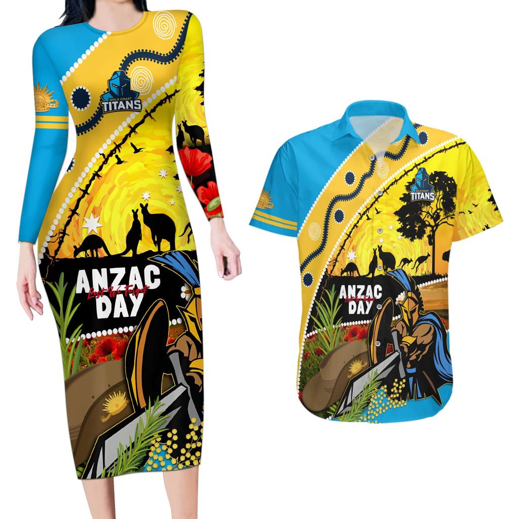 Titans Rugby ANZAC Day Couples Matching Long Sleeve Bodycon Dress and Hawaiian Shirt GLD Mascot Rosemary Starry Night