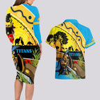 Titans Rugby ANZAC Day Couples Matching Long Sleeve Bodycon Dress and Hawaiian Shirt GLD Mascot Rosemary Starry Night