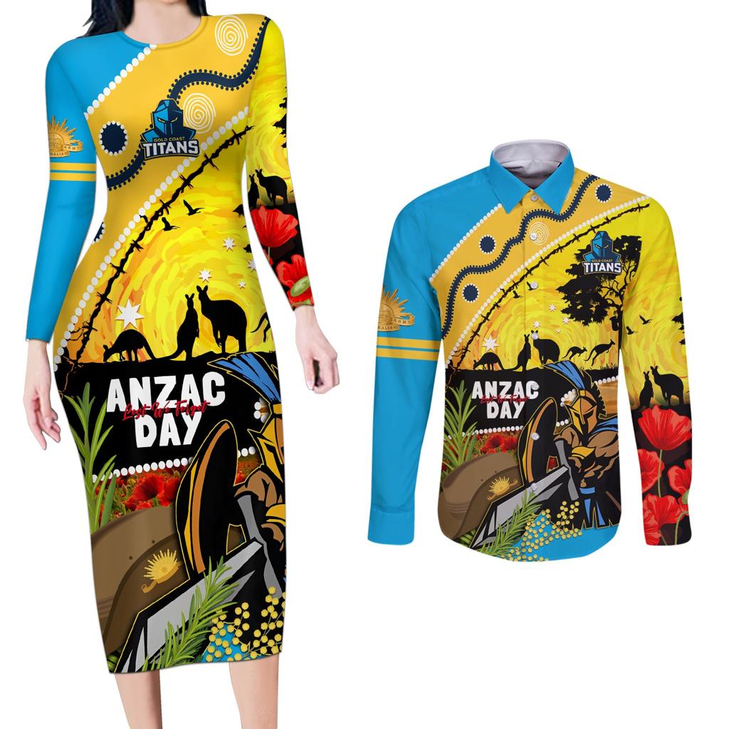 Titans Rugby ANZAC Day Couples Matching Long Sleeve Bodycon Dress and Long Sleeve Button Shirt GLD Mascot Rosemary Starry Night