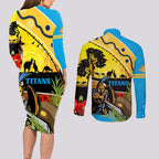 Titans Rugby ANZAC Day Couples Matching Long Sleeve Bodycon Dress and Long Sleeve Button Shirt GLD Mascot Rosemary Starry Night