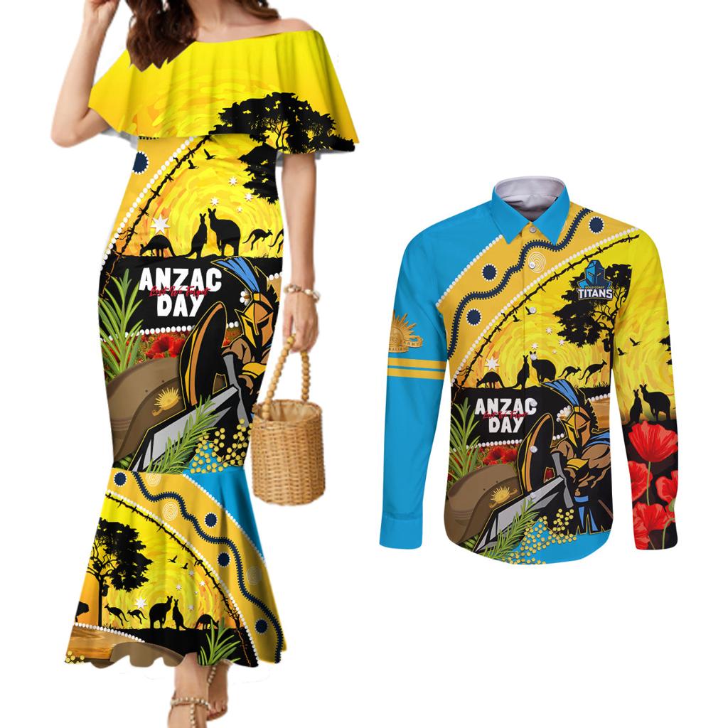 Titans Rugby ANZAC Day Couples Matching Mermaid Dress and Long Sleeve Button Shirt GLD Mascot Rosemary Starry Night