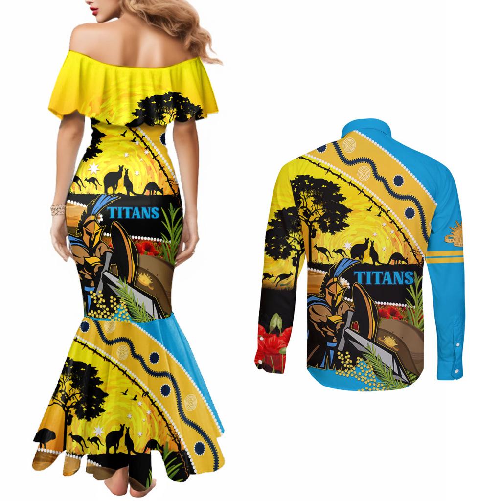 Titans Rugby ANZAC Day Couples Matching Mermaid Dress and Long Sleeve Button Shirt GLD Mascot Rosemary Starry Night