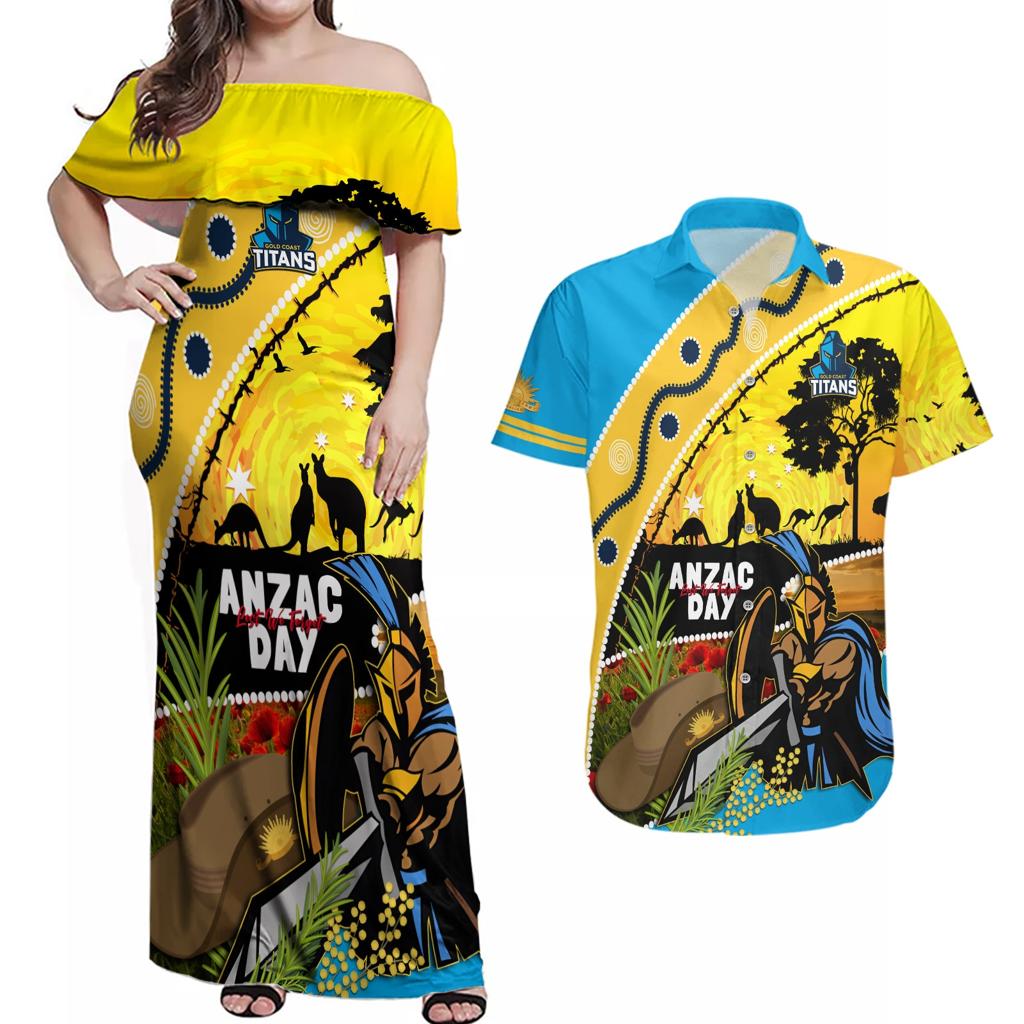 Titans Rugby ANZAC Day Couples Matching Off Shoulder Maxi Dress and Hawaiian Shirt GLD Mascot Rosemary Starry Night