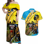 Titans Rugby ANZAC Day Couples Matching Off Shoulder Maxi Dress and Hawaiian Shirt GLD Mascot Rosemary Starry Night