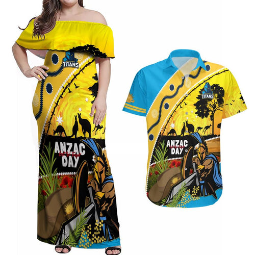 Titans Rugby ANZAC Day Couples Matching Off Shoulder Maxi Dress and Hawaiian Shirt GLD Mascot Rosemary Starry Night