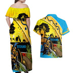 Titans Rugby ANZAC Day Couples Matching Off Shoulder Maxi Dress and Hawaiian Shirt GLD Mascot Rosemary Starry Night