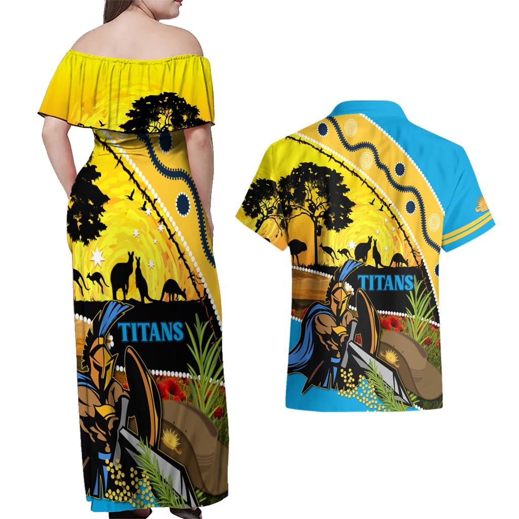 Titans Rugby ANZAC Day Couples Matching Off Shoulder Maxi Dress and Hawaiian Shirt GLD Mascot Rosemary Starry Night