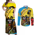 Titans Rugby ANZAC Day Couples Matching Off Shoulder Maxi Dress and Long Sleeve Button Shirt GLD Mascot Rosemary Starry Night