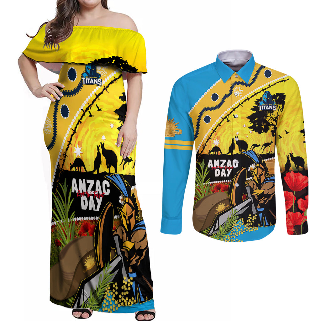 Titans Rugby ANZAC Day Couples Matching Off Shoulder Maxi Dress and Long Sleeve Button Shirt GLD Mascot Rosemary Starry Night