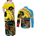Titans Rugby ANZAC Day Couples Matching Off Shoulder Maxi Dress and Long Sleeve Button Shirt GLD Mascot Rosemary Starry Night