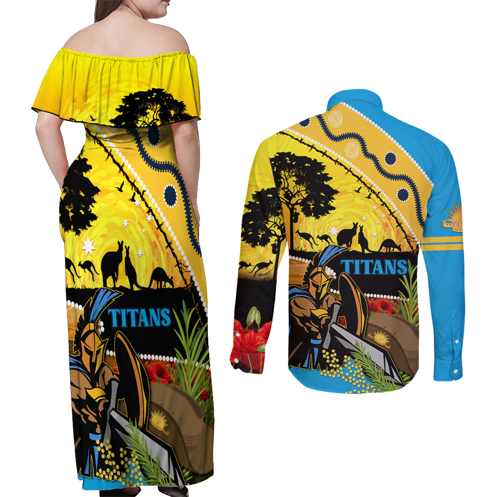 Titans Rugby ANZAC Day Couples Matching Off Shoulder Maxi Dress and Long Sleeve Button Shirt GLD Mascot Rosemary Starry Night