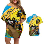 Titans Rugby ANZAC Day Couples Matching Off Shoulder Short Dress and Hawaiian Shirt GLD Mascot Rosemary Starry Night