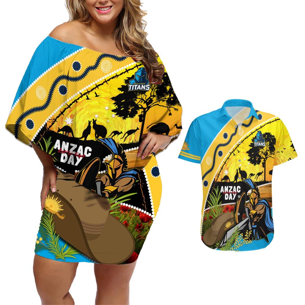 Titans Rugby ANZAC Day Couples Matching Off Shoulder Short Dress and Hawaiian Shirt GLD Mascot Rosemary Starry Night