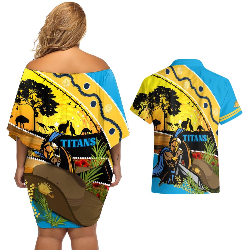 Titans Rugby ANZAC Day Couples Matching Off Shoulder Short Dress and Hawaiian Shirt GLD Mascot Rosemary Starry Night