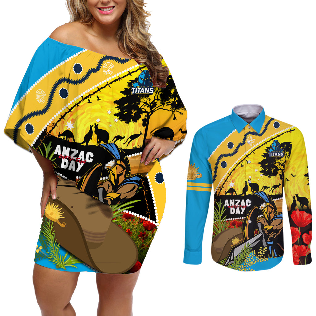 Titans Rugby ANZAC Day Couples Matching Off Shoulder Short Dress and Long Sleeve Button Shirt GLD Mascot Rosemary Starry Night