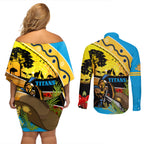 Titans Rugby ANZAC Day Couples Matching Off Shoulder Short Dress and Long Sleeve Button Shirt GLD Mascot Rosemary Starry Night