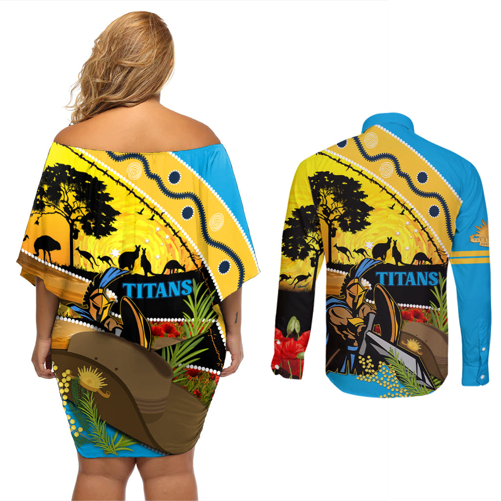 Titans Rugby ANZAC Day Couples Matching Off Shoulder Short Dress and Long Sleeve Button Shirt GLD Mascot Rosemary Starry Night