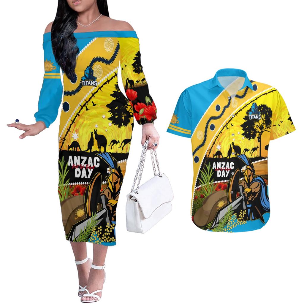 Titans Rugby ANZAC Day Couples Matching Off The Shoulder Long Sleeve Dress and Hawaiian Shirt GLD Mascot Rosemary Starry Night