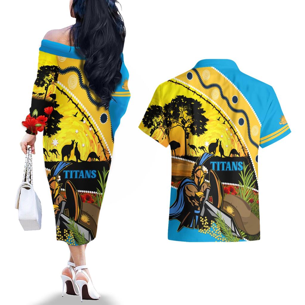 Titans Rugby ANZAC Day Couples Matching Off The Shoulder Long Sleeve Dress and Hawaiian Shirt GLD Mascot Rosemary Starry Night