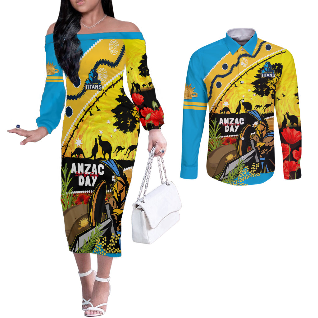 Titans Rugby ANZAC Day Couples Matching Off The Shoulder Long Sleeve Dress and Long Sleeve Button Shirt GLD Mascot Rosemary Starry Night