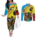 Titans Rugby ANZAC Day Couples Matching Off The Shoulder Long Sleeve Dress and Long Sleeve Button Shirt GLD Mascot Rosemary Starry Night