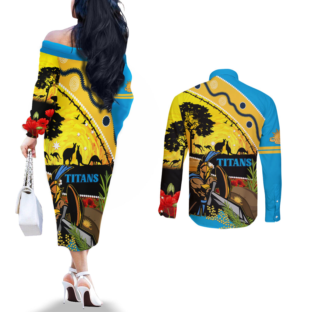 Titans Rugby ANZAC Day Couples Matching Off The Shoulder Long Sleeve Dress and Long Sleeve Button Shirt GLD Mascot Rosemary Starry Night