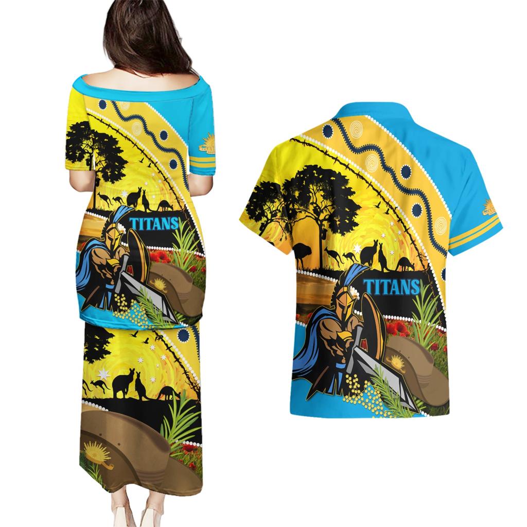 Titans Rugby ANZAC Day Couples Matching Puletasi and Hawaiian Shirt GLD Mascot Rosemary Starry Night