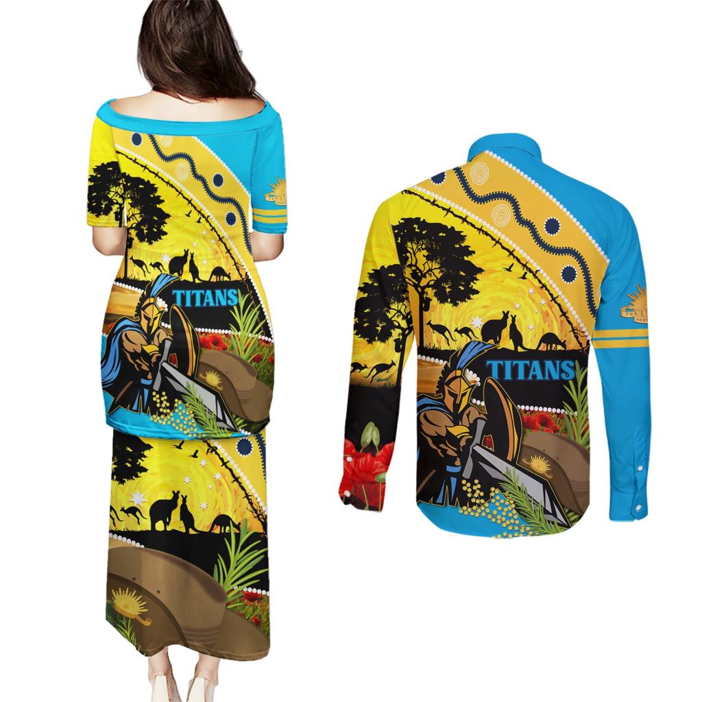 Titans Rugby ANZAC Day Couples Matching Puletasi and Long Sleeve Button Shirt GLD Mascot Rosemary Starry Night