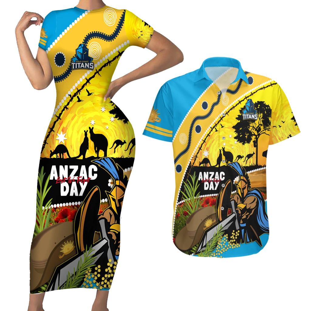 Titans Rugby ANZAC Day Couples Matching Short Sleeve Bodycon Dress and Hawaiian Shirt GLD Mascot Rosemary Starry Night